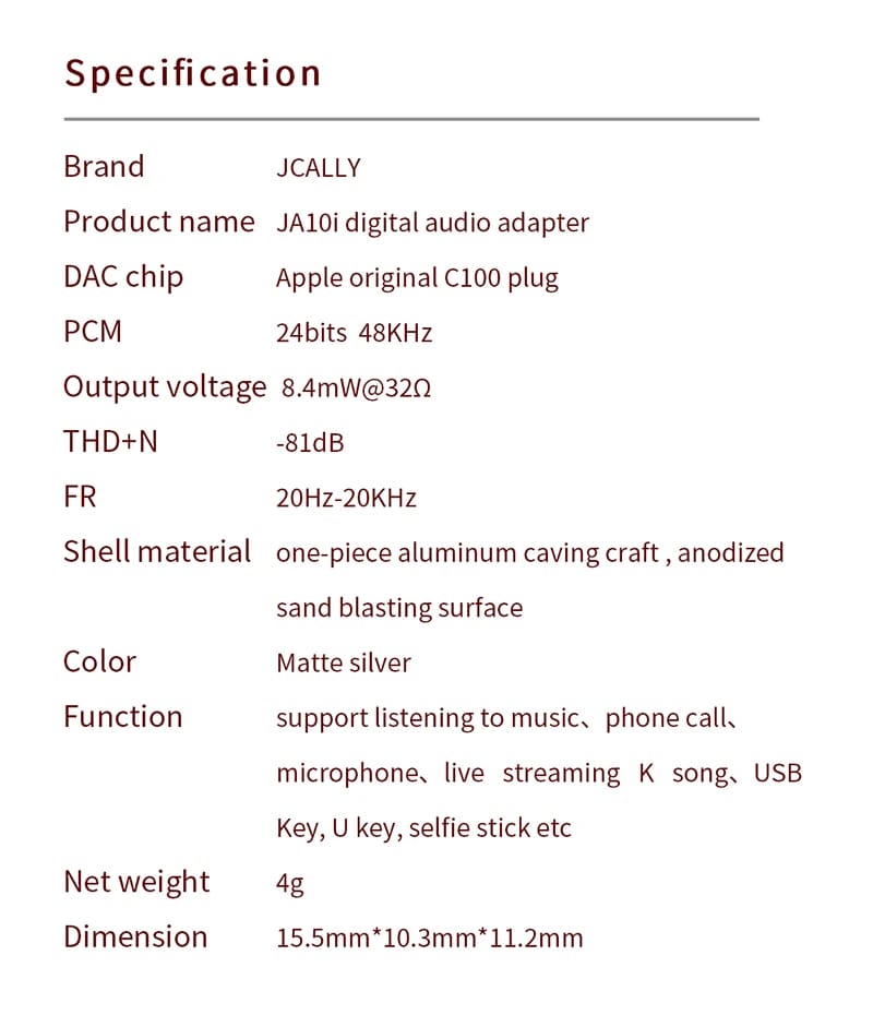 JCALLY JA10i C100 Lighting to 3.5mm Earphone Digital Audio Adapter For IOS hifiheavenbd.com 17
